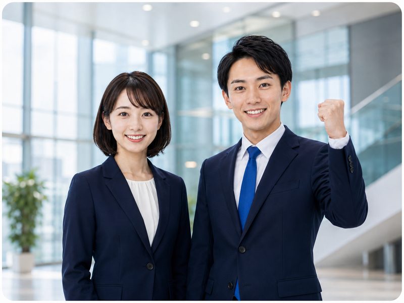 笑顔でガッツポーズをするスタッフ